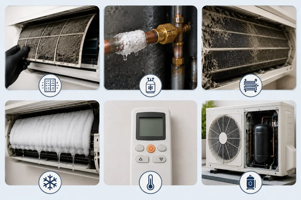 Six causes of AC not cooling in Dubai — dirty filter, gas leak, dirty coil, frozen coil, thermostat, compressor