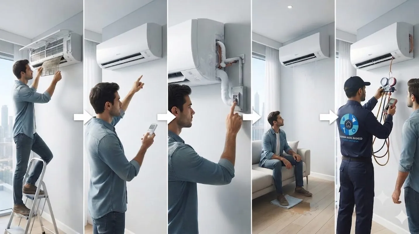 Homeowner following AC not cooling checklist — filter check, thermostat check, ice defrost, technician call