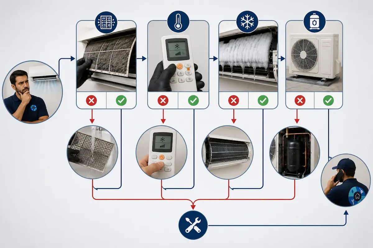 Homeowner following AC not cooling checklist — filter check, thermostat check, ice defrost, technician call