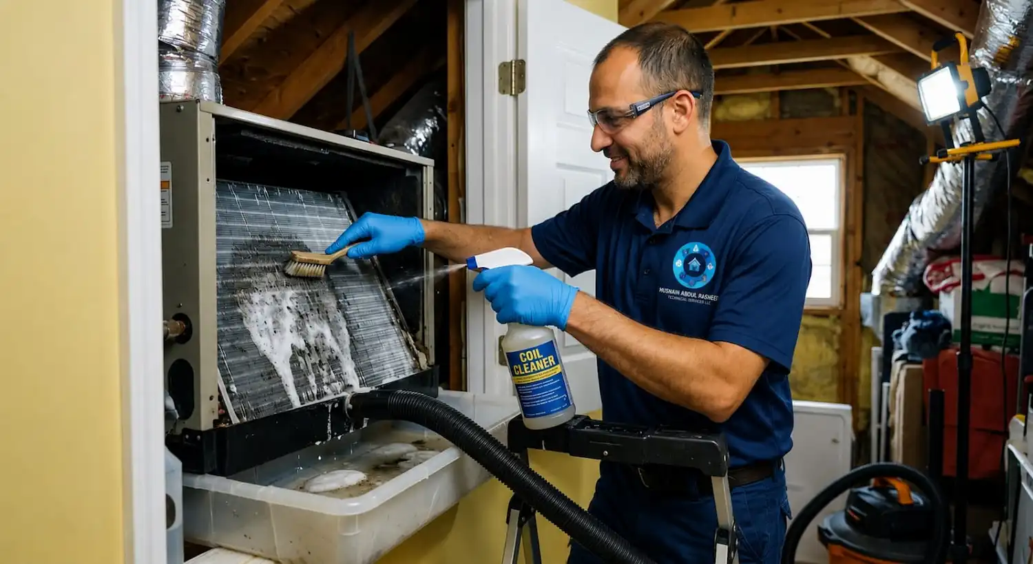 Deep coil cleaning of AC unit with brush and coil cleaner spray Dubai