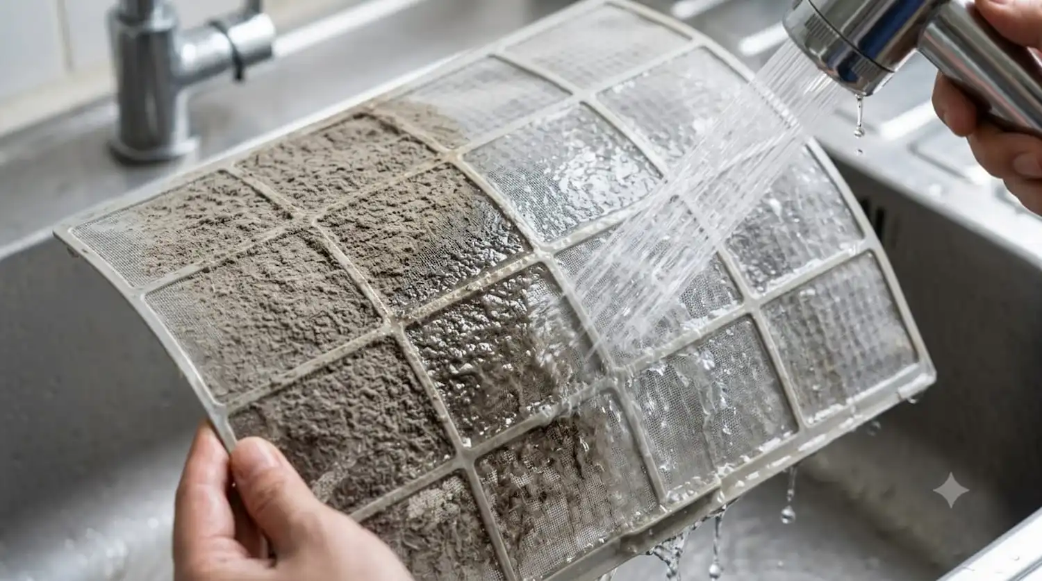 Homeowner washing dirty AC filter under running water Dubai maintenance