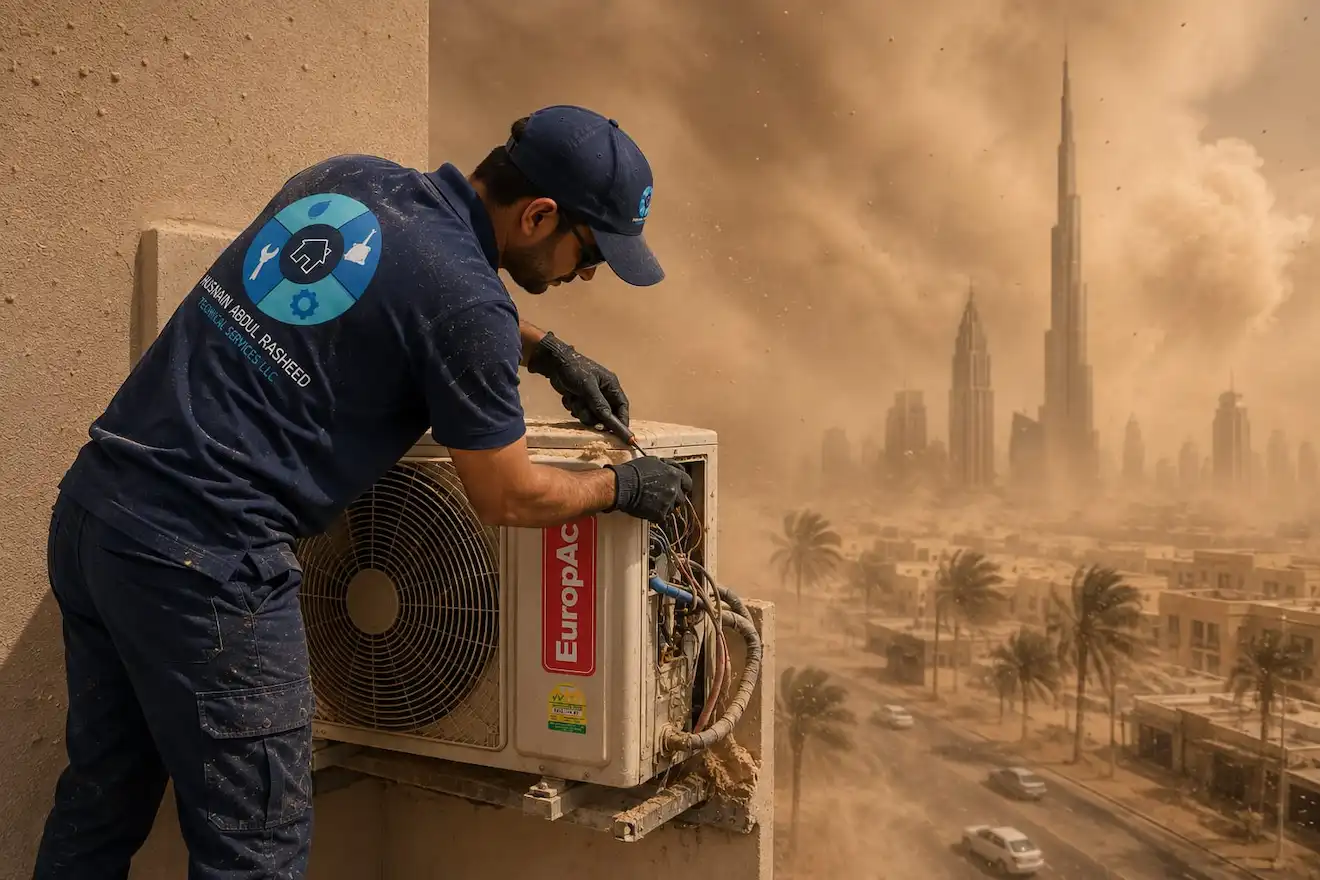 AC technician servicing outdoor unit during Dubai sandstorm near Burj Khalifa