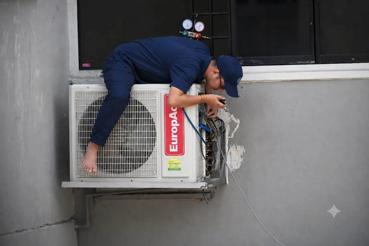 Technician repairing outdoor split AC condenser unit on townhouse wall