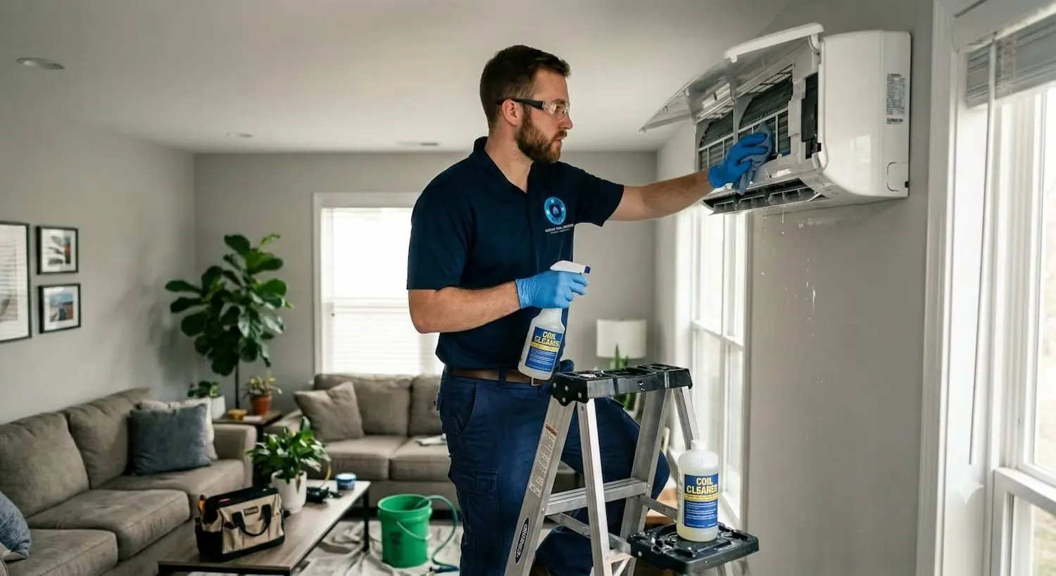 Technician cleaning indoor split AC unit filter and coil in living room