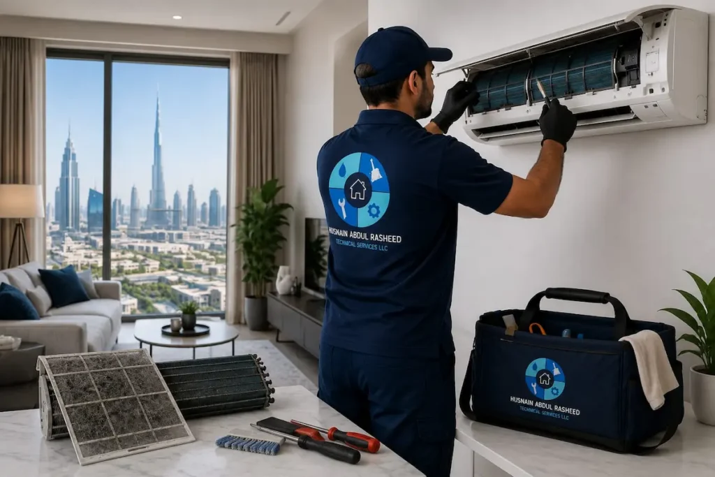 AC repair technician servicing split AC unit in Dubai apartment with Burj Khalifa view