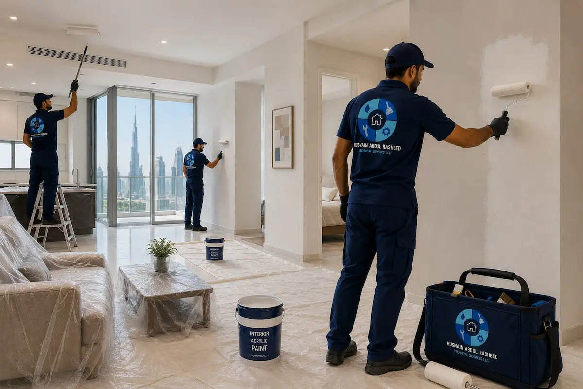 Painters applying interior acrylic paint in Dubai apartment living room with Burj Khalifa view