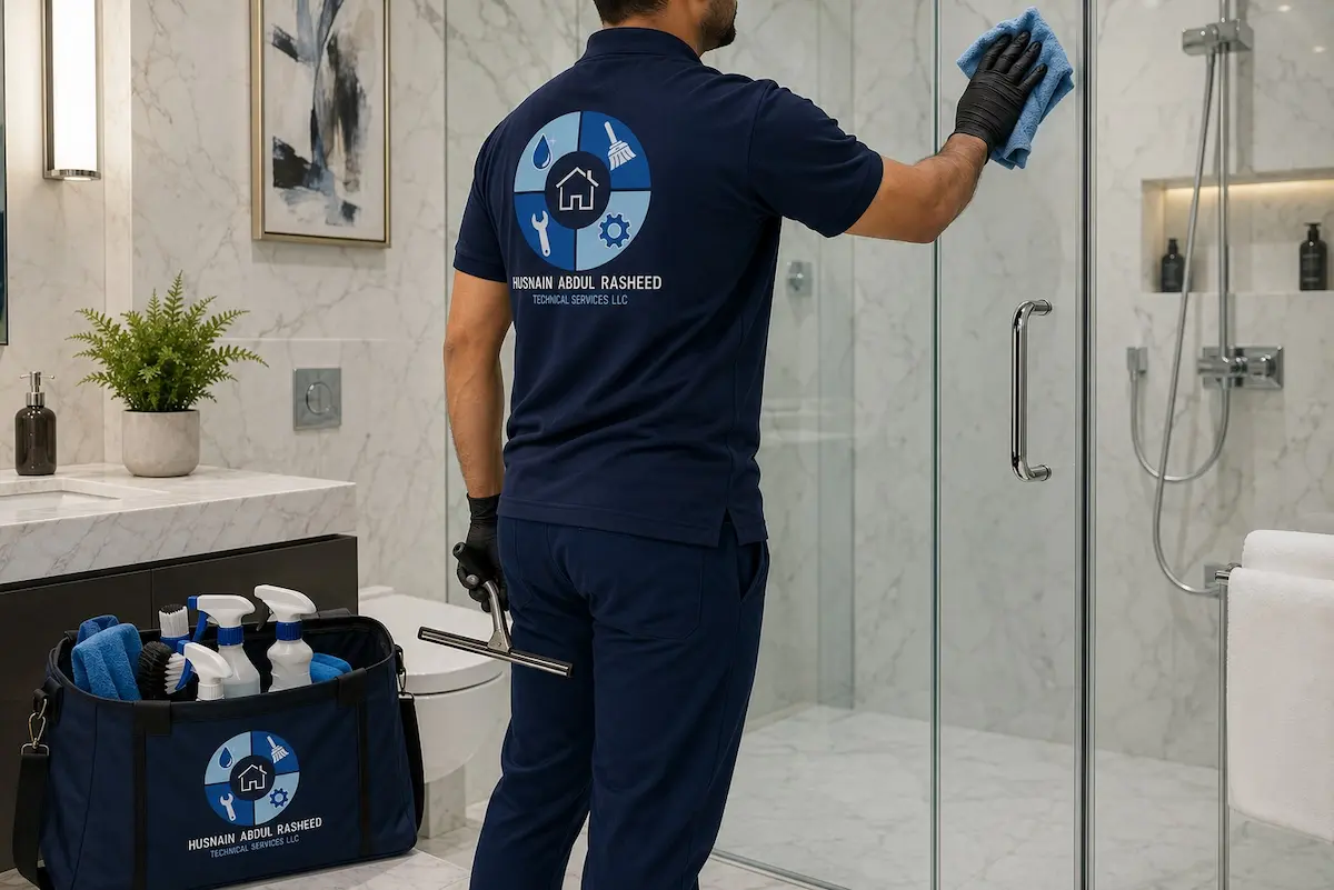 Bathroom glass shower door cleaning service in Dubai