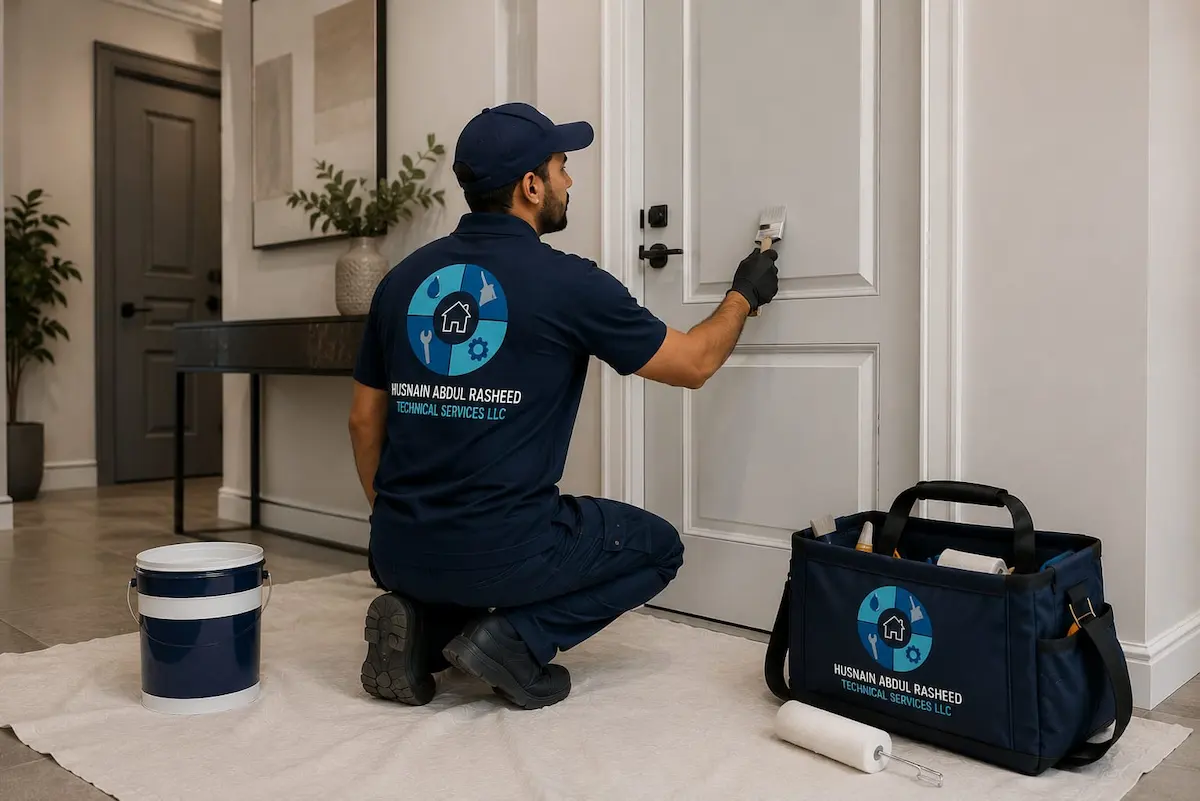 Professional interior door painting service in Dubai with expert painter sanding and repainting a residential door for a smooth, durable finish.