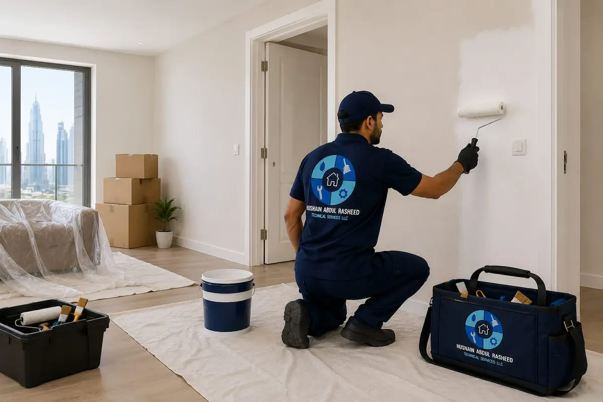 Painter applying wall paint in empty apartment during end of tenancy painting Dubai