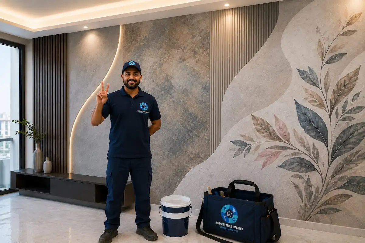 Painter standing beside finished decorative feature wallpaper wall in Dubai apartment