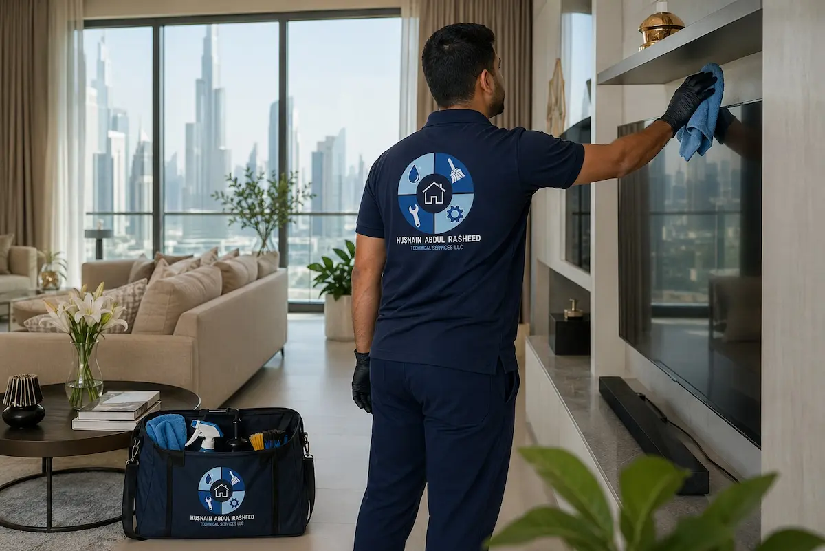 Home surface dusting service technician cleaning TV unit shelf in Dubai apartment