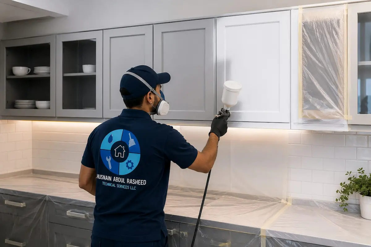 Painter spray painting grey kitchen cabinets in Dubai apartment