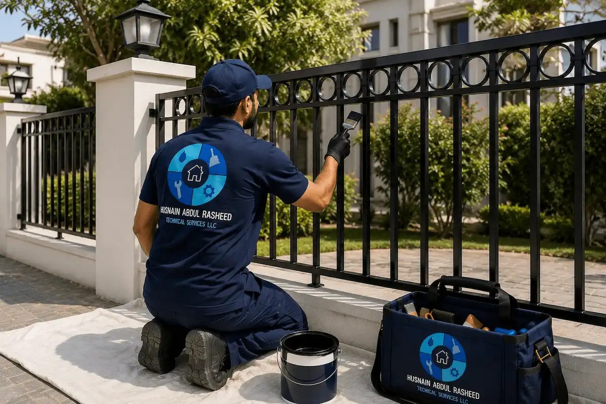 Painter applying anti-rust metal paint to villa gate fence in Dubai
