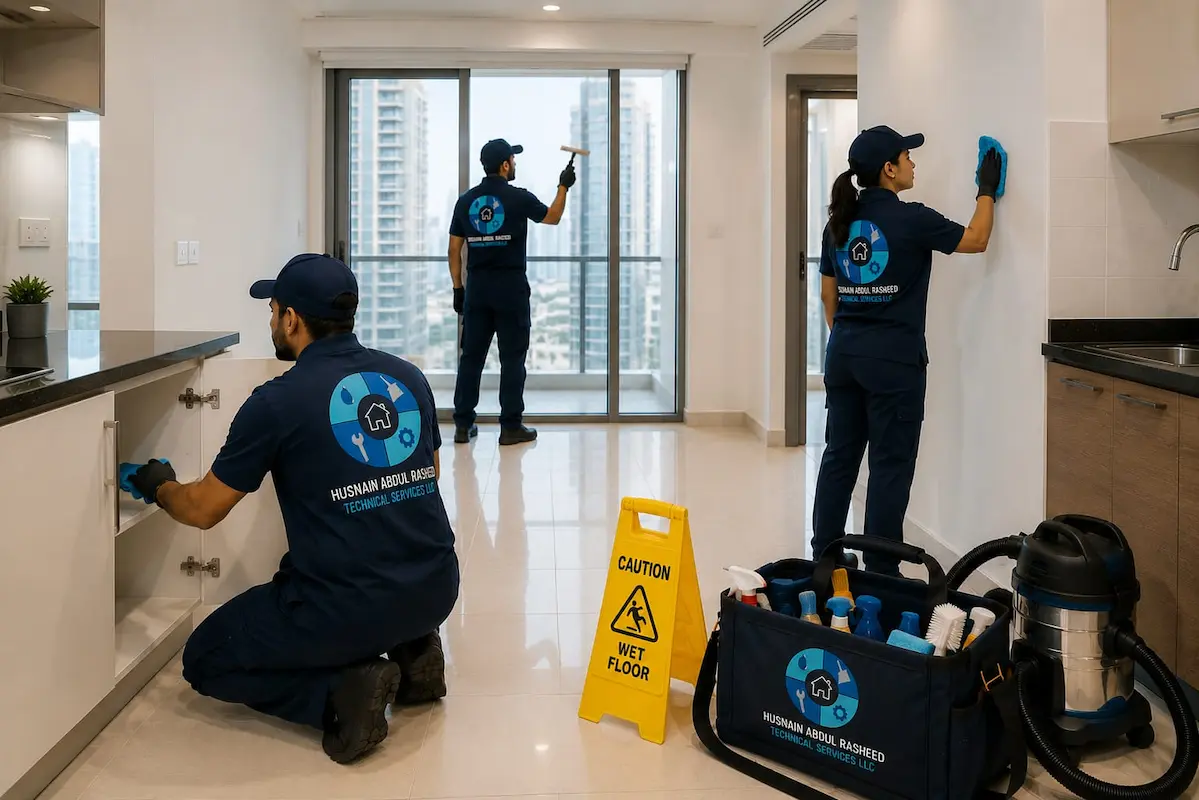 Professional cleaning team cleaning kitchen cabinets, windows and walls in Dubai apartment