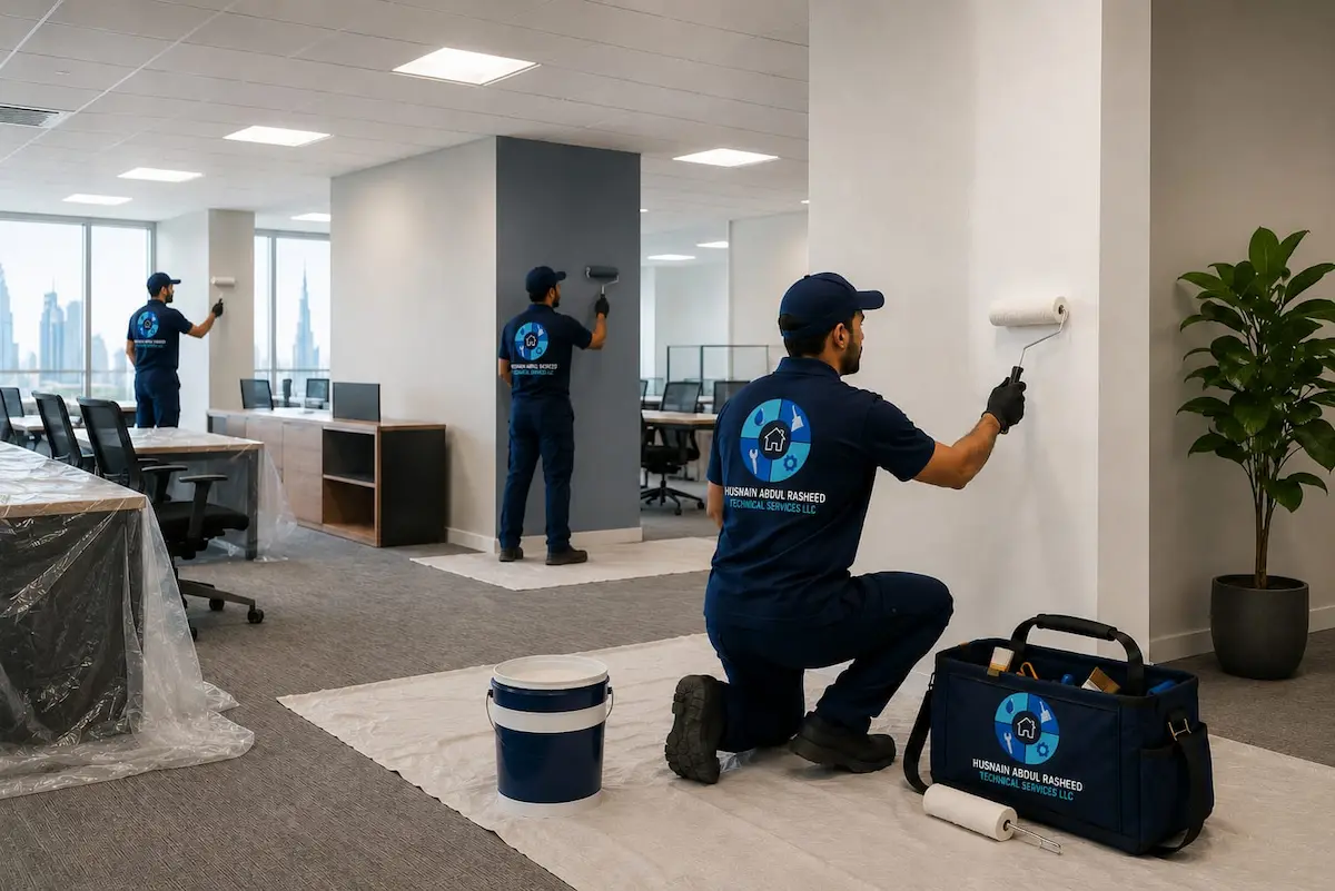 Office and commercial painting service across Dubai business districts, painters working around business hours with low-VOC paints and full surface protection.