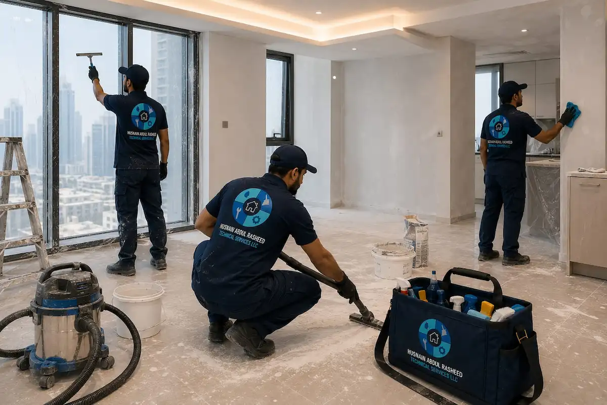 Post construction and after renovation cleaning team removing dust in Dubai apartment