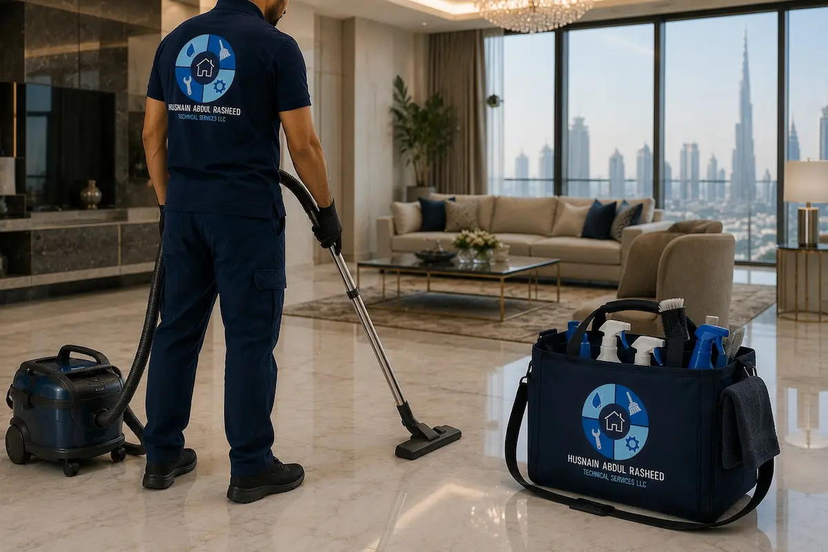 Professional home cleaning service team preparing equipment in Dubai