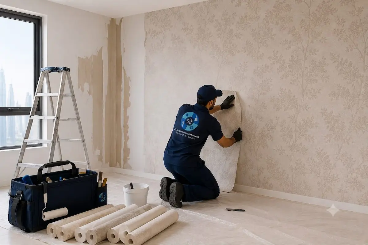 Painter hanging decorative wallpaper on bedroom wall in Dubai apartment