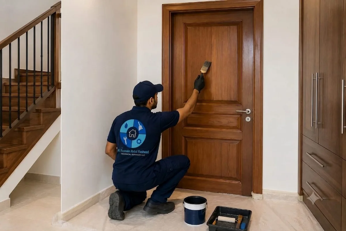 Painter applying wood stain to interior wooden door in Dubai villa
