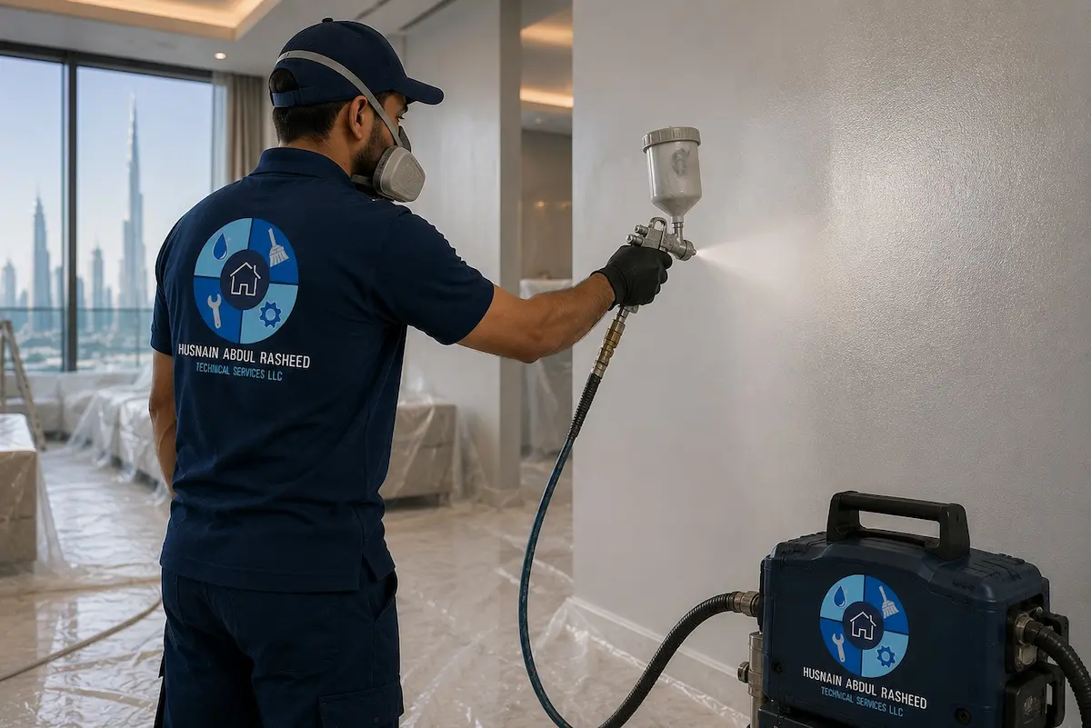 Painter applying interior wall paint with furniture covered in Dubai apartment
