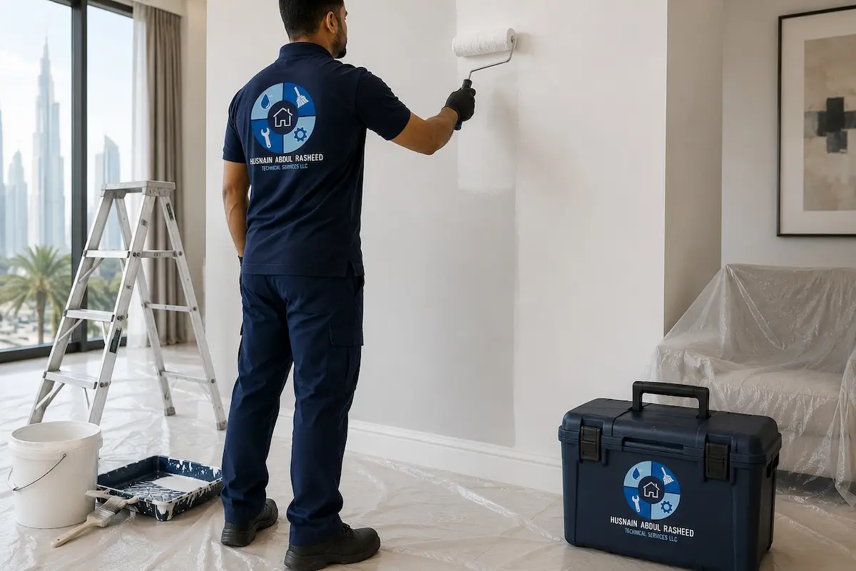 Painter applying interior wall paint with furniture covered in Dubai apartment