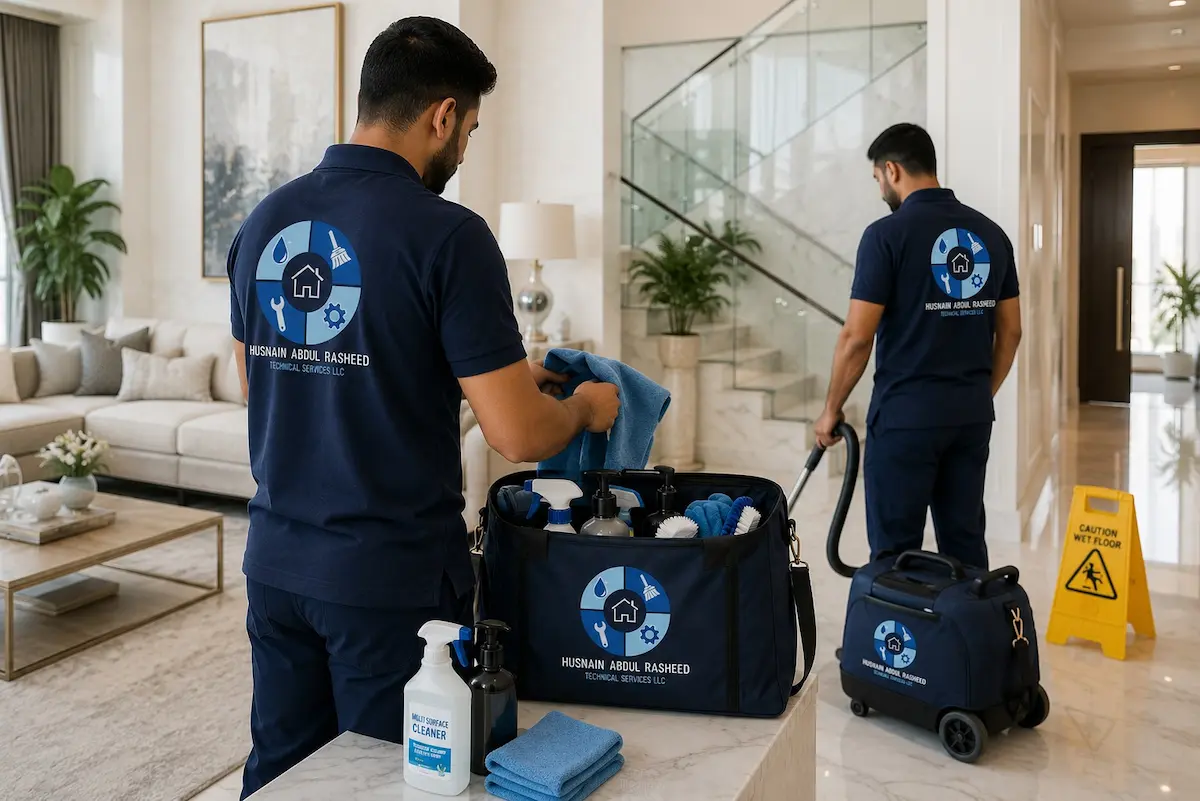 Professional home cleaning service team preparing equipment in Dubai