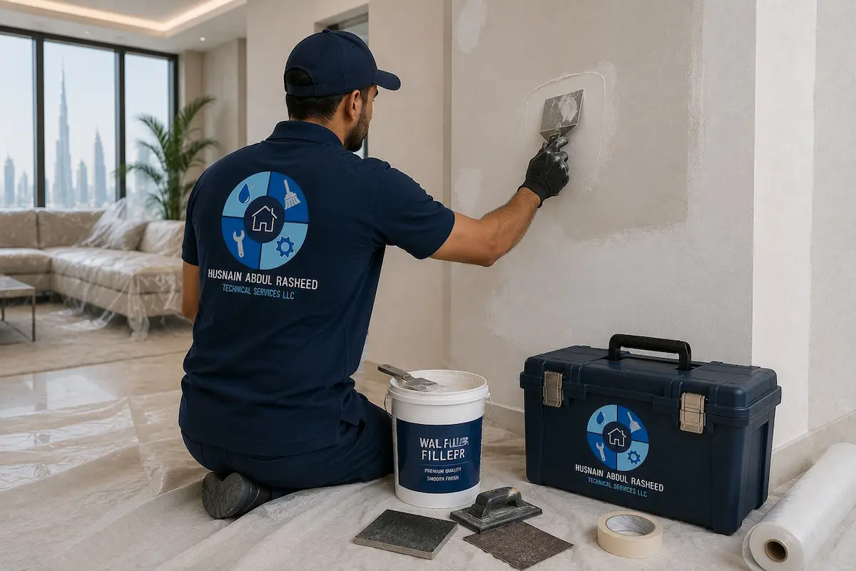 Painter filling wall cracks before painting service in Dubai apartment