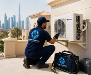 What Is an AC Annual Maintenance Contract in Dubai – AC technician servicing outdoor split unit at Dubai villa during summer