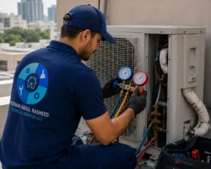 Technician checking refrigerant pressure gauges on villa split AC unit Dubai