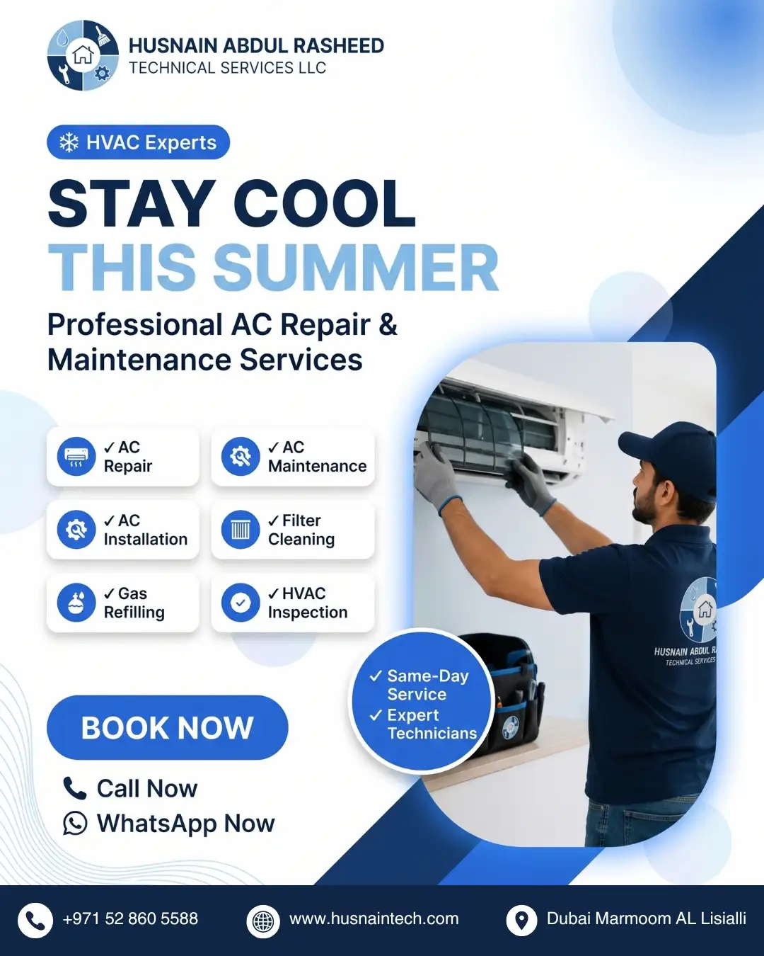 HVAC technician repairing split air conditioner unit in Dubai apartment, Husnain Tech AC services