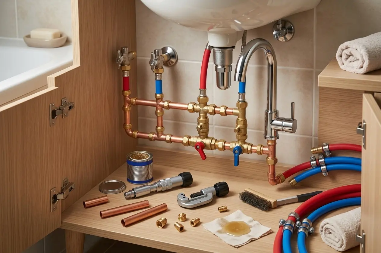 Bathroom plumbing installation showing copper pipes, valves, and fittings under a sink