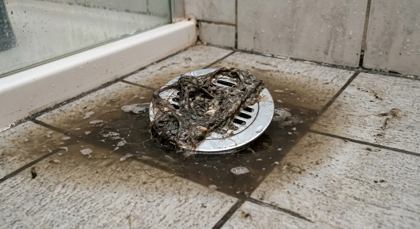 Clogged bathroom floor drain covered in hair and debris before professional cleaning