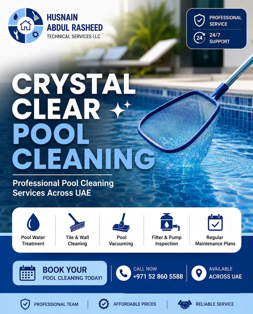 Pool cleaning net skimming crystal clear swimming pool water, Husnain Tech pool cleaning UAE