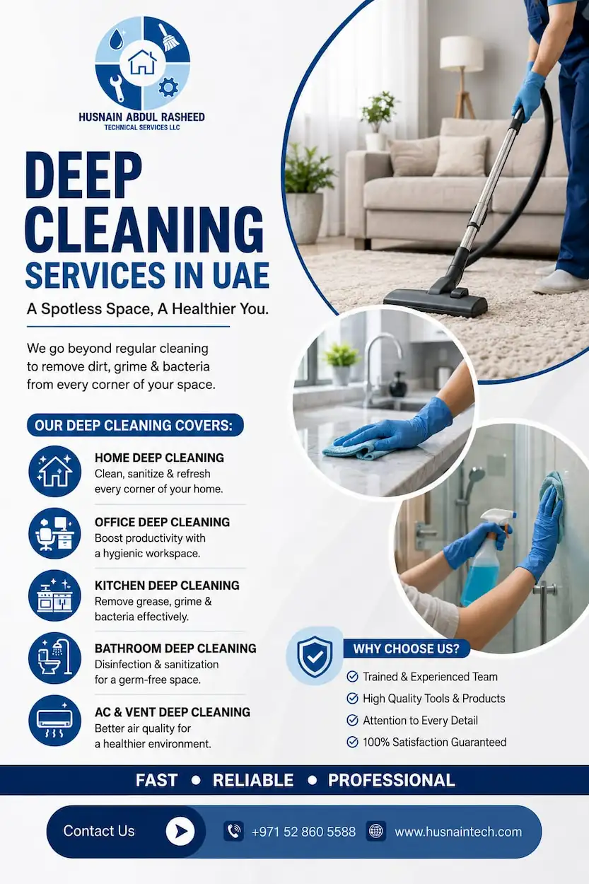 Professional deep cleaning technician sanitizing kitchen countertop in Dubai home