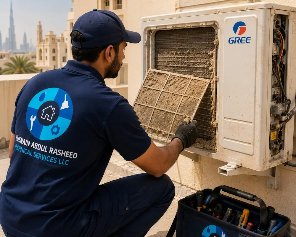 Sand-clogged AC filter caused by Dubai desert environment