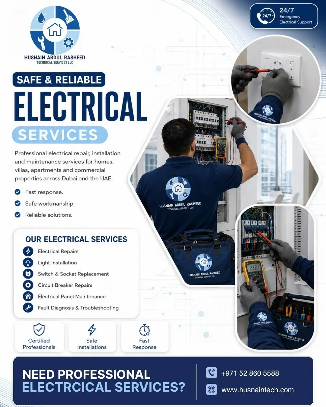 Licensed electrician repairing electrical distribution panel in Dubai property, Husnain Tech electrical services