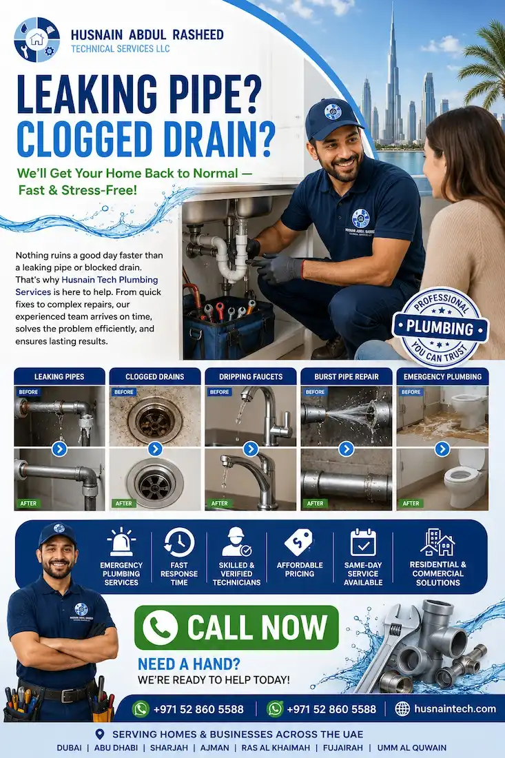 Plumber repairing leaking pipe and clogged drain under kitchen sink, Husnain Tech plumbing services