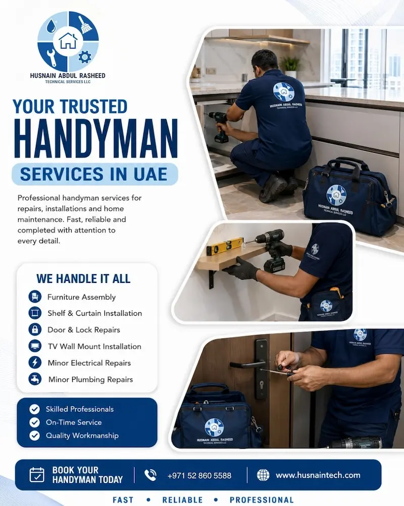 Handyman installing wooden shelf and repairing door lock in Dubai home, Husnain Tech handyman services