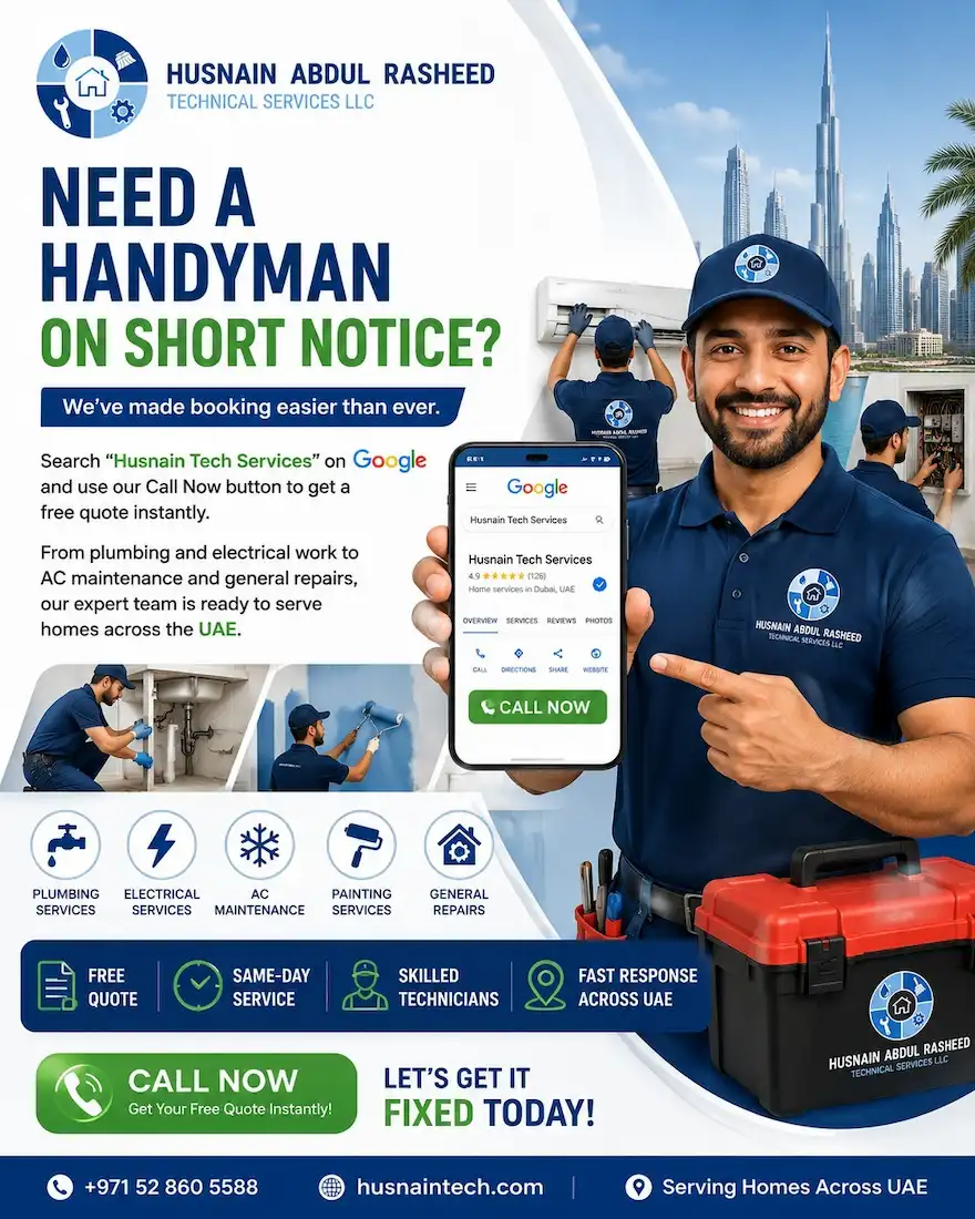 Husnain Tech handyman technician in Dubai offering plumbing, electrical, AC maintenance and painting services