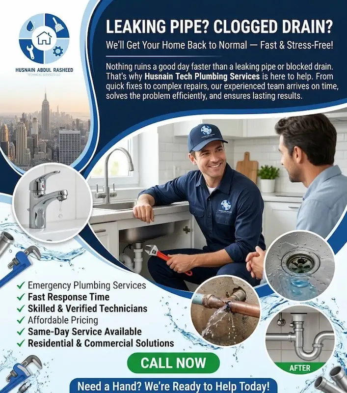 Before and after plumbing repair showing fixed leaking pipes, clogged drains and dripping faucets, Husnain Tech Dubai