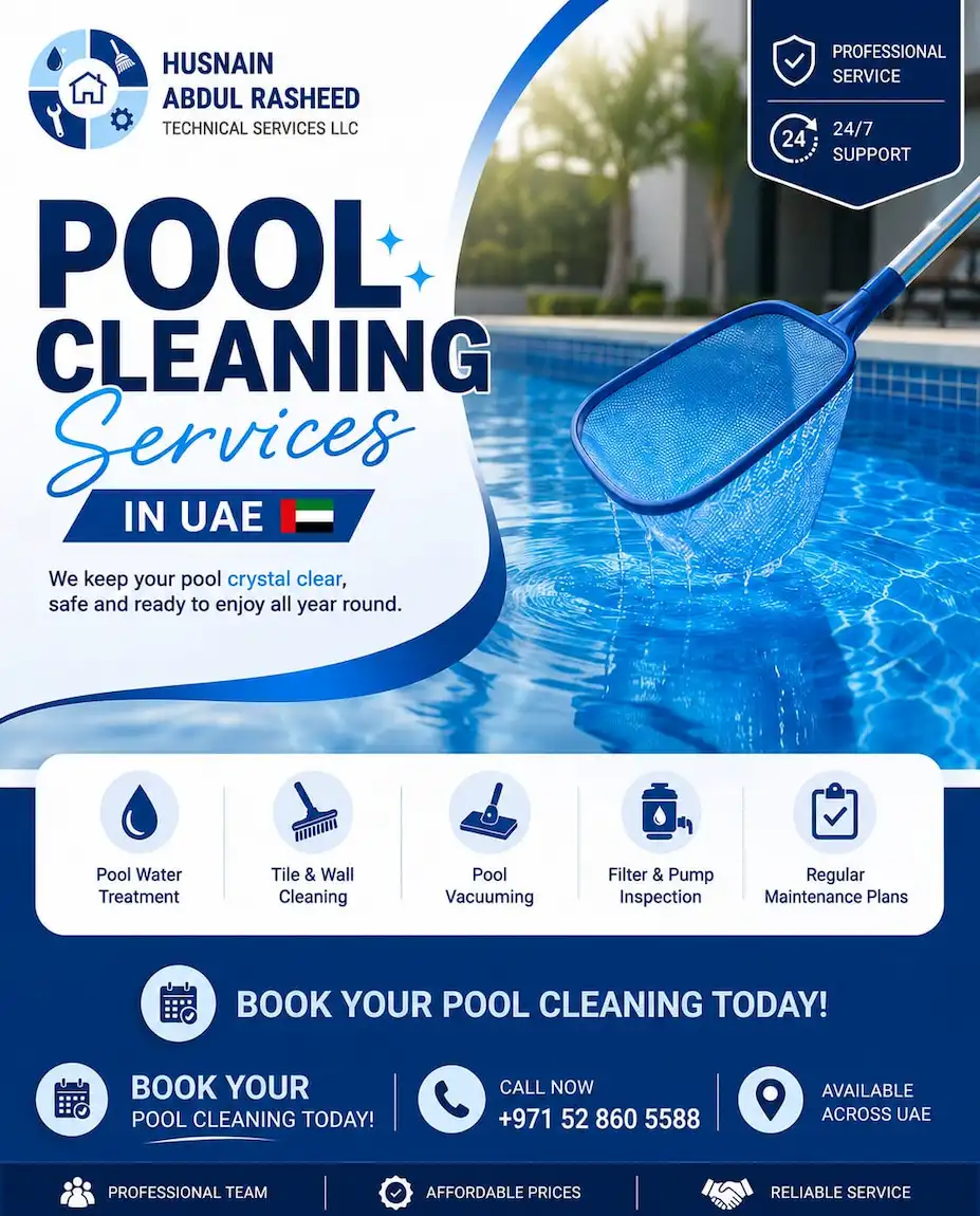 Pool cleaning technician skimming swimming pool with net, Husnain Tech pool services UAE