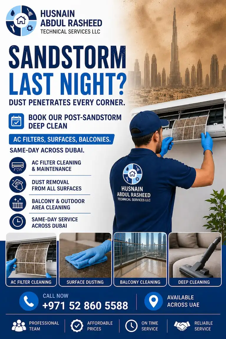 Technician cleaning dusty AC filter after Dubai sandstorm, Husnain Tech post-sandstorm cleaning service