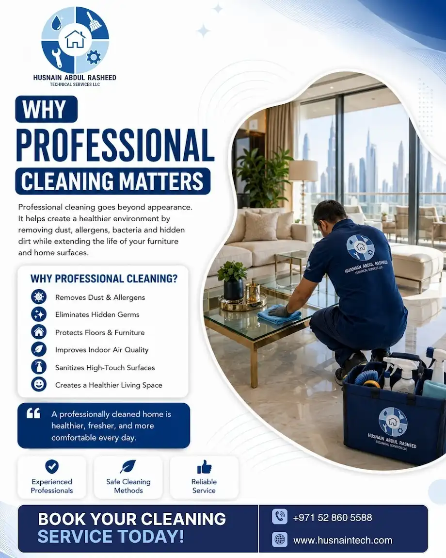 Husnain Tech cleaner sanitizing glass coffee table in Dubai apartment with skyline view
